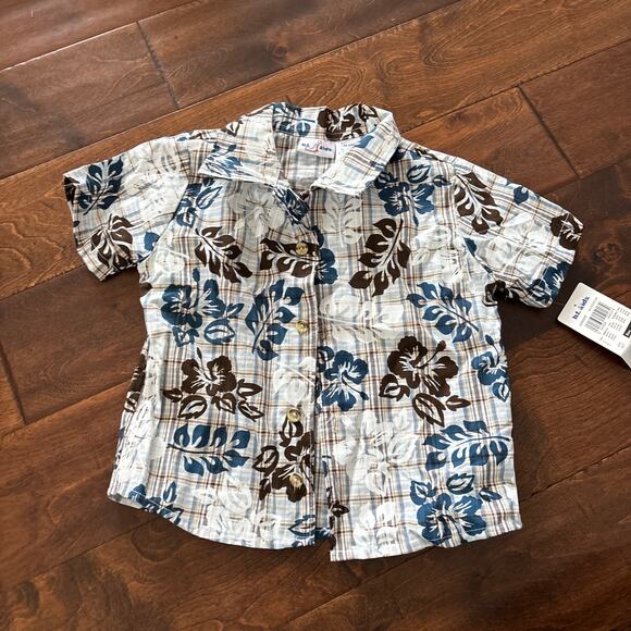 BT Kids Boys Size 5 Hawaiian Shirt Blue Brown Floral NEW Collared Button Down - Picture 1 of 5
